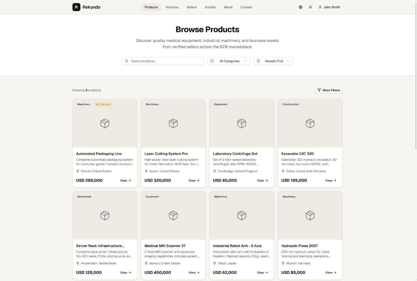 Rekyndo marketplace browse page showing industrial equipment listings