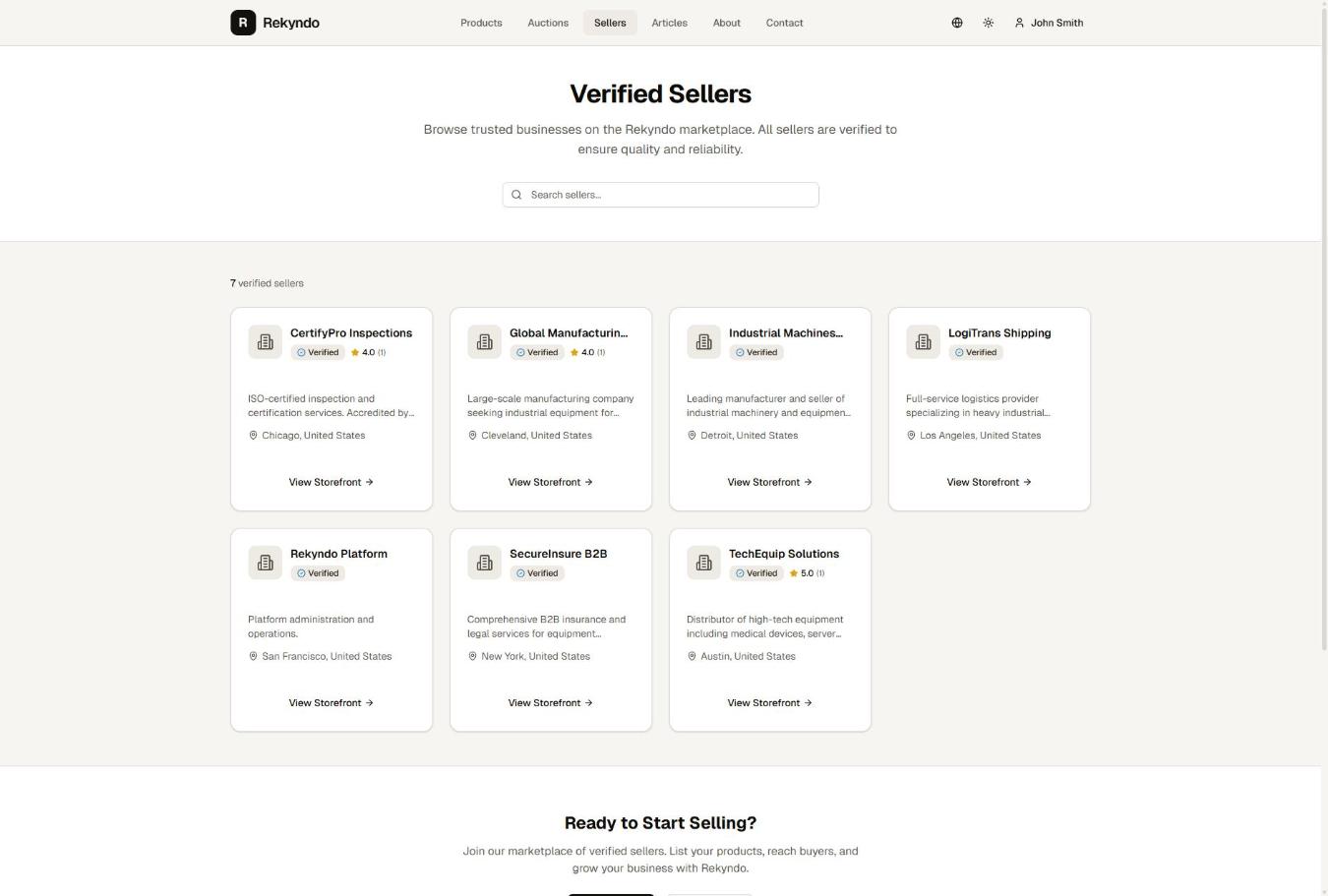 Rekyndo verified sellers page showing trust badges and storefronts